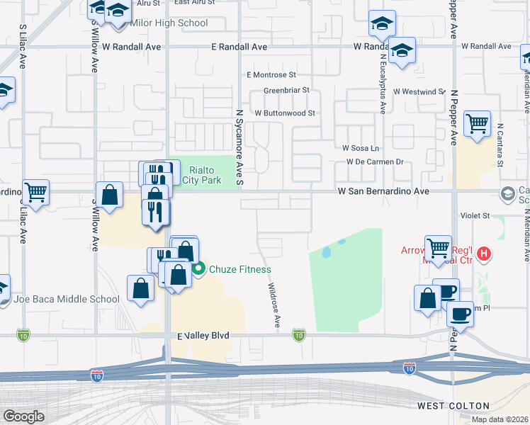 map of restaurants, bars, coffee shops, grocery stores, and more near 2132 Lavender Lane in Colton