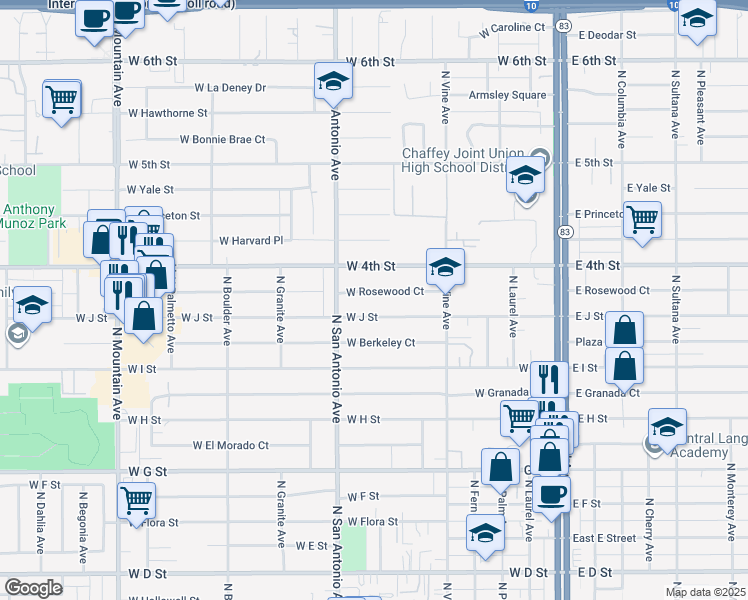 map of restaurants, bars, coffee shops, grocery stores, and more near 604 West Rosewood Court in Ontario