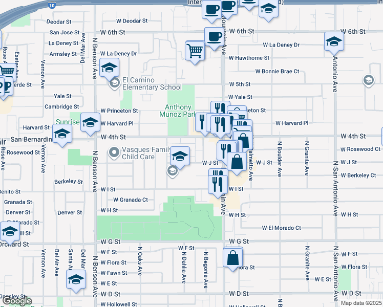 map of restaurants, bars, coffee shops, grocery stores, and more near 1228 West Rosewood Court in Ontario
