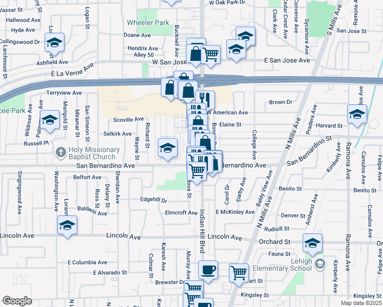 map of restaurants, bars, coffee shops, grocery stores, and more near 1760 Cordova Street in Pomona