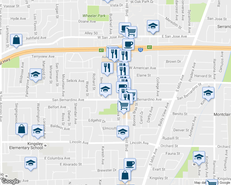map of restaurants, bars, coffee shops, grocery stores, and more near 1752 Appleton Way in Pomona