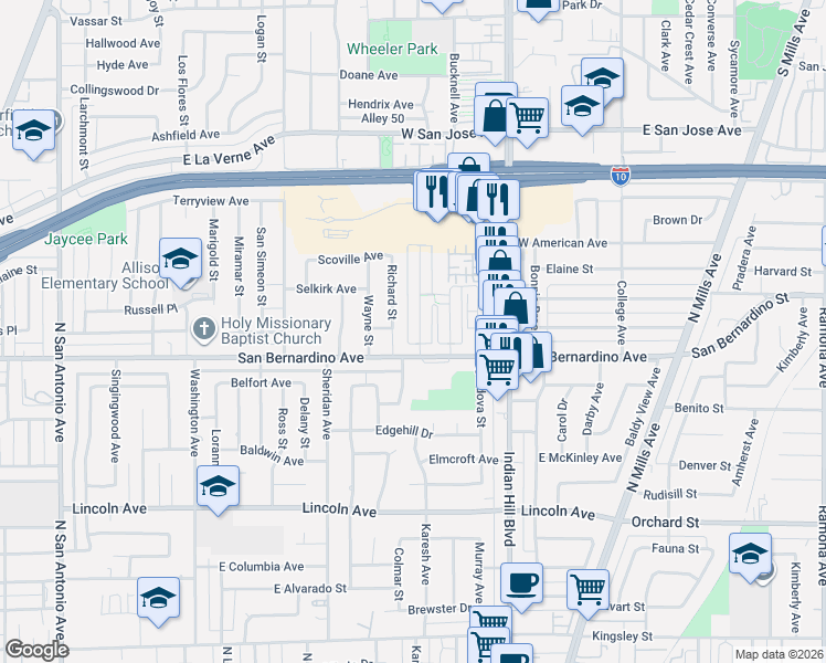 map of restaurants, bars, coffee shops, grocery stores, and more near 1751 Benedict Way in Pomona
