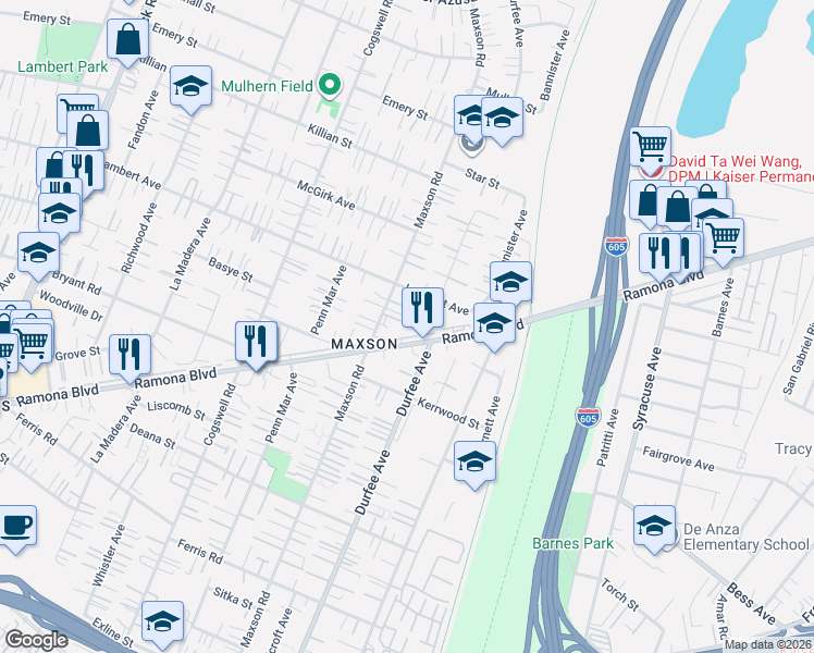 map of restaurants, bars, coffee shops, grocery stores, and more near 4240 Maxson Road in El Monte