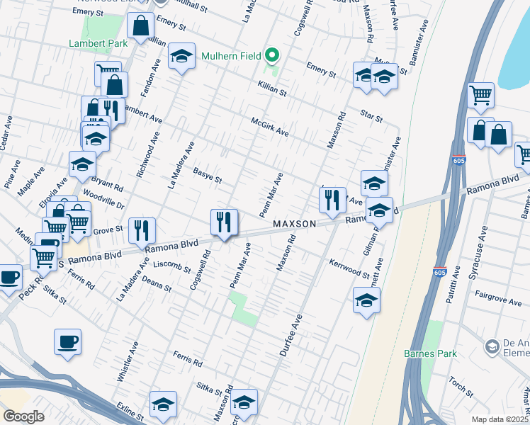 map of restaurants, bars, coffee shops, grocery stores, and more near 4231 Penn Mar Avenue in El Monte