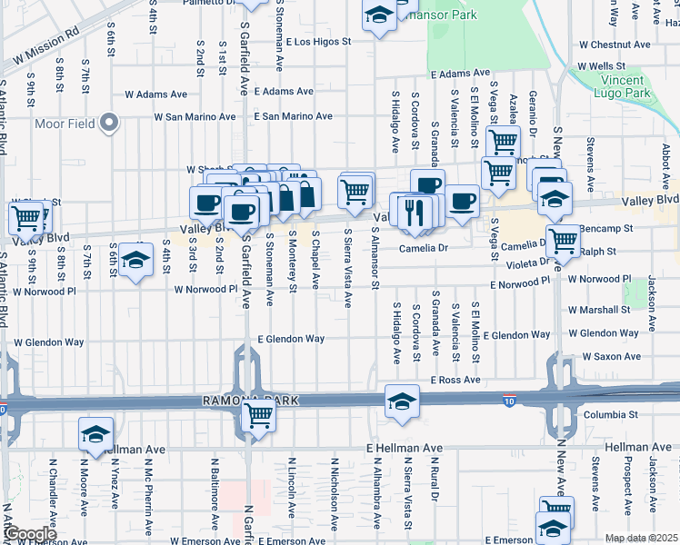 map of restaurants, bars, coffee shops, grocery stores, and more near 1504 South Chapel Avenue in Alhambra