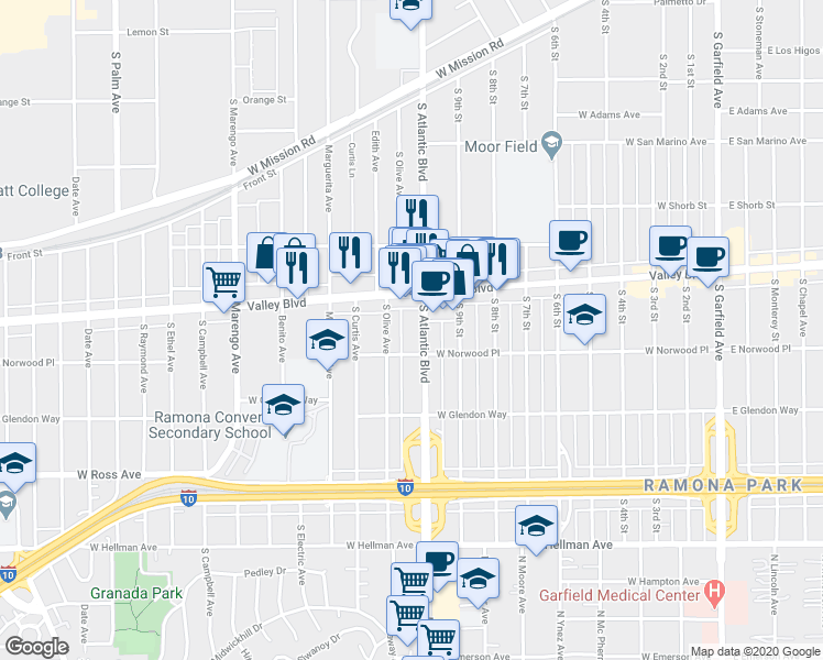 map of restaurants, bars, coffee shops, grocery stores, and more near 1418 South Olive Avenue in Alhambra