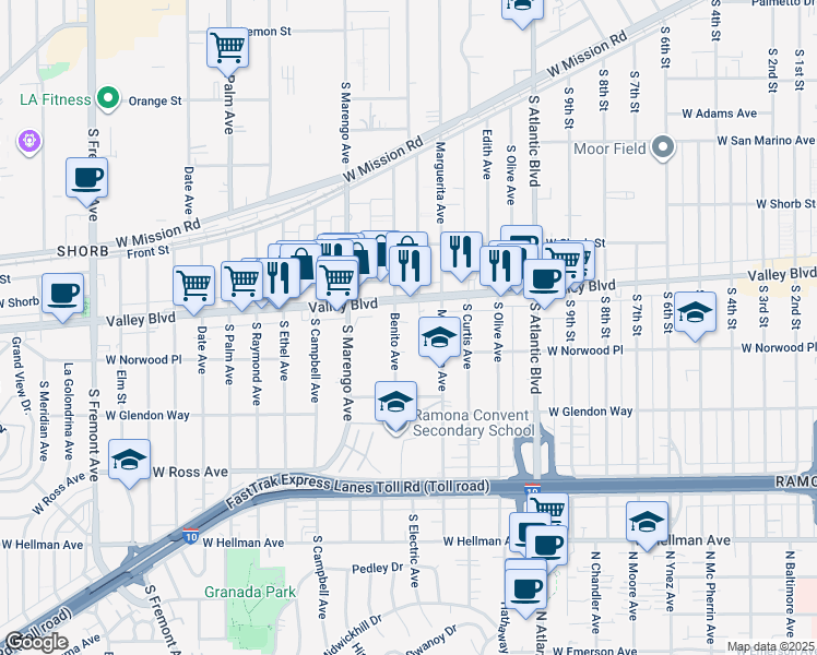 map of restaurants, bars, coffee shops, grocery stores, and more near 1536 West Valley Boulevard in Alhambra