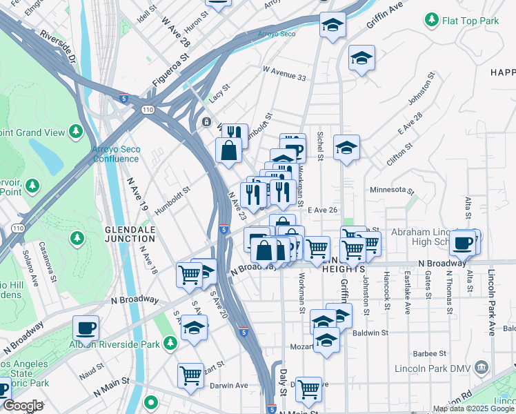 map of restaurants, bars, coffee shops, grocery stores, and more near 120 North Avenue 25 in Los Angeles