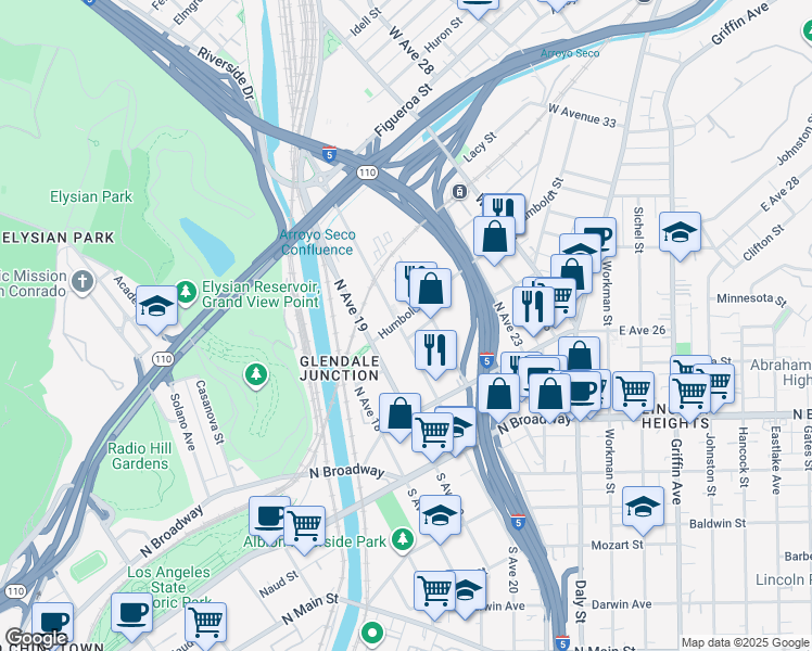 map of restaurants, bars, coffee shops, grocery stores, and more near 200 North San Fernando Road in Los Angeles