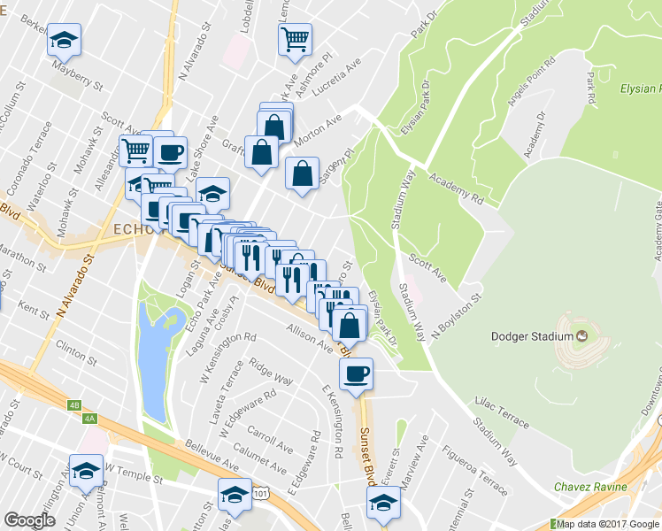 map of restaurants, bars, coffee shops, grocery stores, and more near 1411 Sutherland Street in Los Angeles