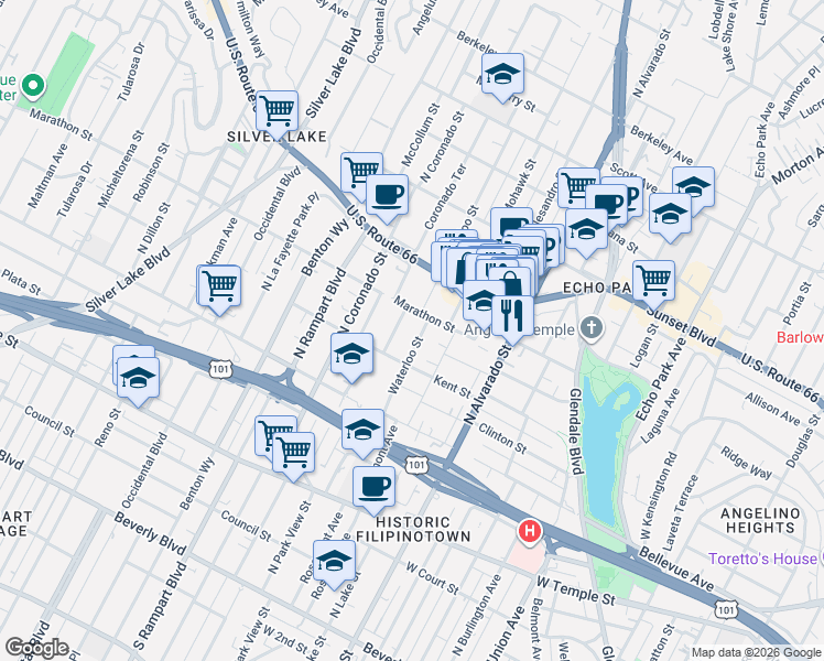 map of restaurants, bars, coffee shops, grocery stores, and more near 855 Waterloo Street in Los Angeles