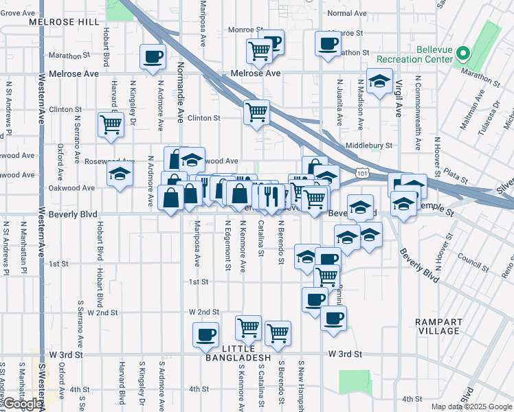 map of restaurants, bars, coffee shops, grocery stores, and more near in Los Angeles