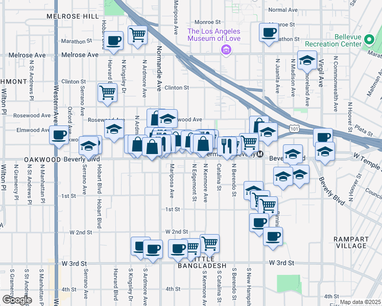 map of restaurants, bars, coffee shops, grocery stores, and more near 321 North Kenmore Avenue in Los Angeles