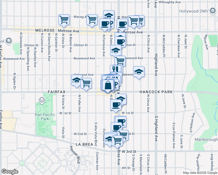 map of restaurants, bars, coffee shops, grocery stores, and more near 327 North Detroit Street in Los Angeles