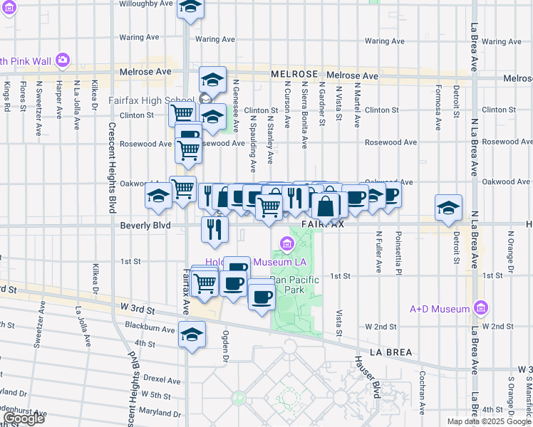 map of restaurants, bars, coffee shops, grocery stores, and more near 326 North Stanley Avenue in Los Angeles