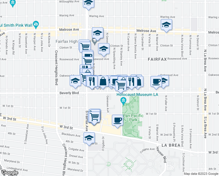 map of restaurants, bars, coffee shops, grocery stores, and more near 331 North Spaulding Avenue in Los Angeles