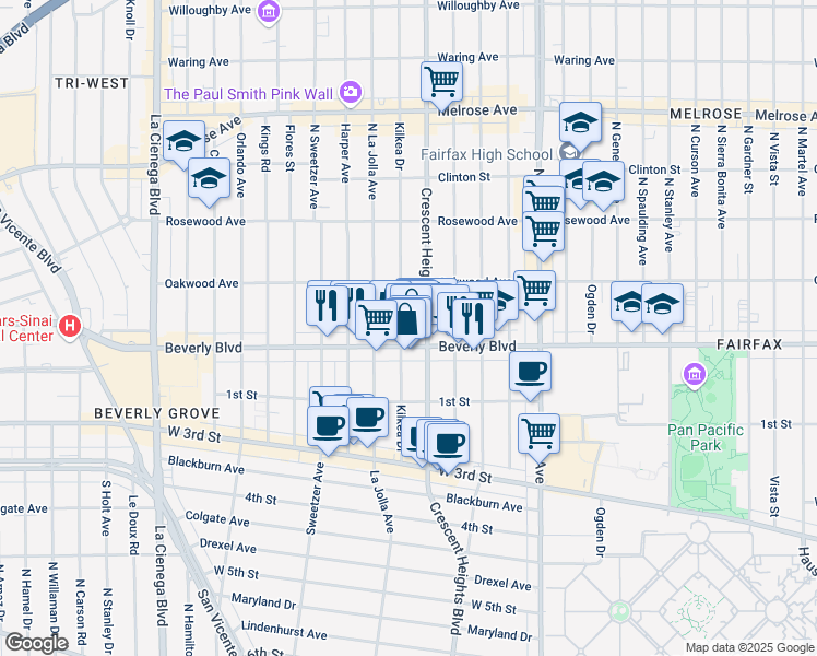 map of restaurants, bars, coffee shops, grocery stores, and more near 330 North Kilkea Drive in Los Angeles