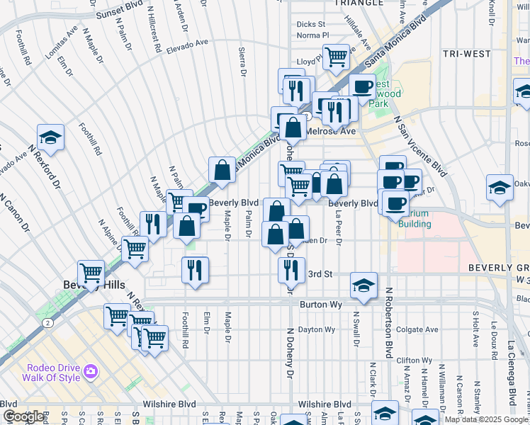 map of restaurants, bars, coffee shops, grocery stores, and more near 420 North Palm Drive in Beverly Hills