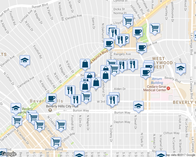 map of restaurants, bars, coffee shops, grocery stores, and more near 420 North Palm Drive in Beverly Hills