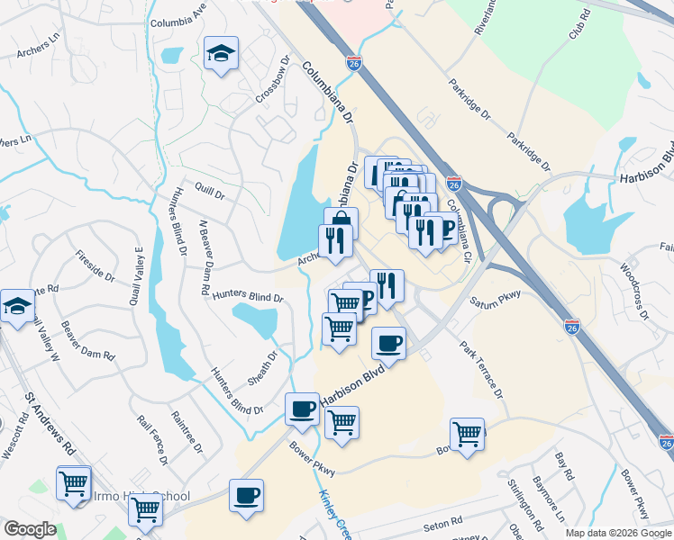 map of restaurants, bars, coffee shops, grocery stores, and more near 114 Afton Ct in Columbia