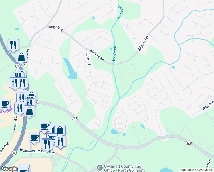 map of restaurants, bars, coffee shops, grocery stores, and more near 2275 Copper Trail Lane Northeast in Buford