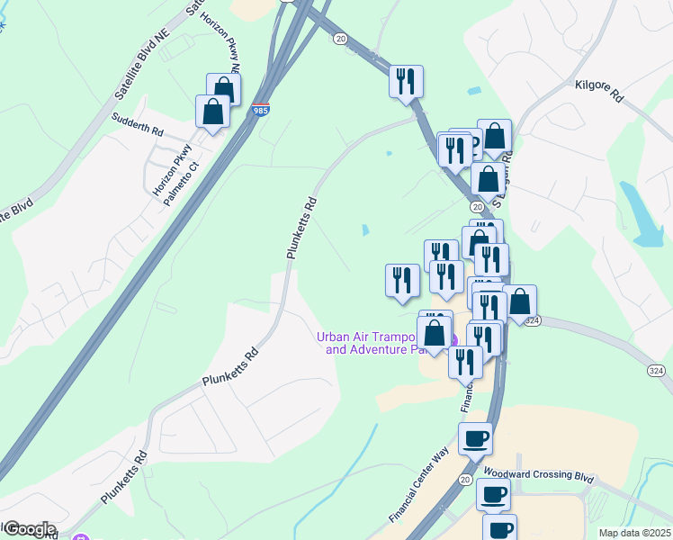 map of restaurants, bars, coffee shops, grocery stores, and more near 3570 Knoll Crest Trail in Buford