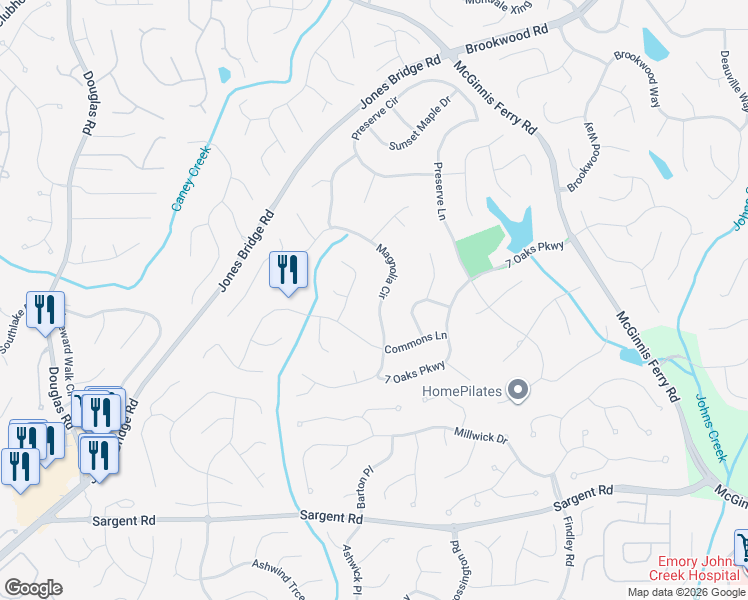 map of restaurants, bars, coffee shops, grocery stores, and more near 12185 Winding Oak Trail in Alpharetta