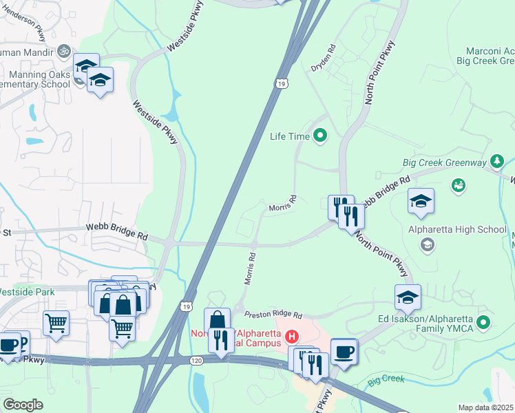 map of restaurants, bars, coffee shops, grocery stores, and more near 12300 Morris Road in Alpharetta