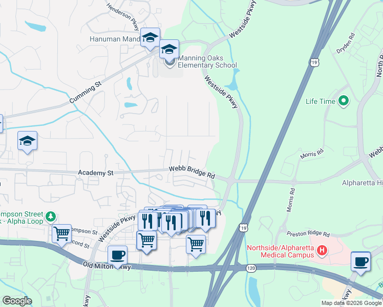 map of restaurants, bars, coffee shops, grocery stores, and more near 2938 Webb Bridge Road in Alpharetta