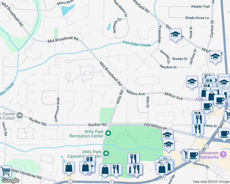 map of restaurants, bars, coffee shops, grocery stores, and more near 111 Wills Road in Alpharetta