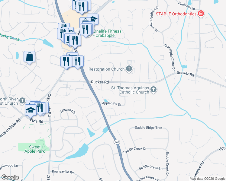 map of restaurants, bars, coffee shops, grocery stores, and more near 380 Skulley Drive in Alpharetta