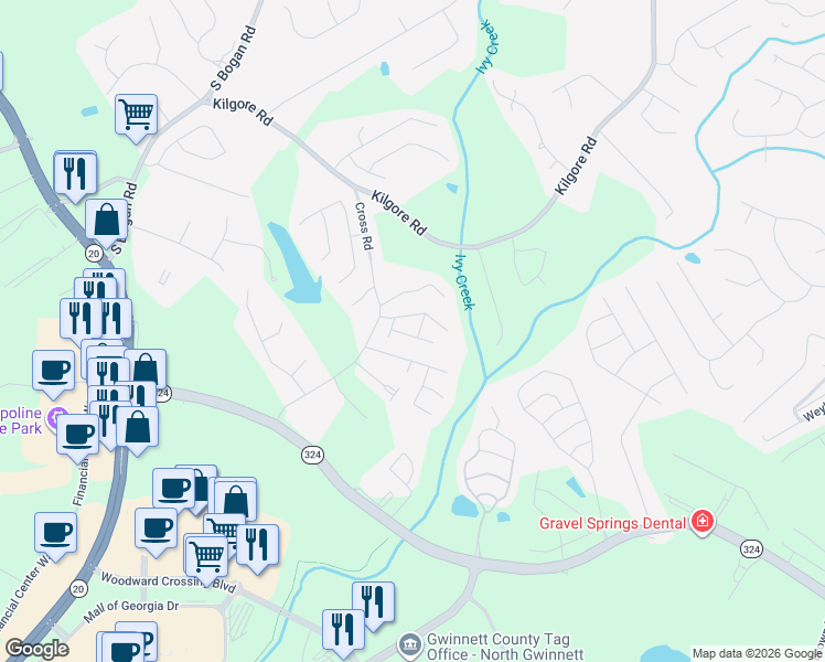 map of restaurants, bars, coffee shops, grocery stores, and more near 2148 Splitrail Trail Northeast in Buford