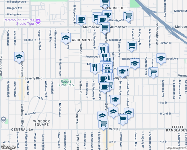 map of restaurants, bars, coffee shops, grocery stores, and more near 132 North Saint Andrews Place in Los Angeles