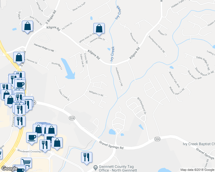 map of restaurants, bars, coffee shops, grocery stores, and more near 2320 Copper Trail Lane Northeast in Buford