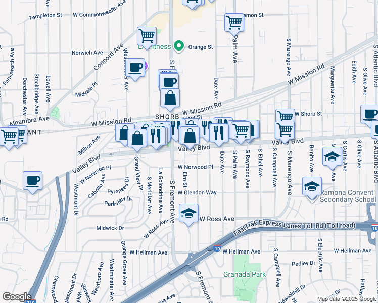 map of restaurants, bars, coffee shops, grocery stores, and more near in Alhambra