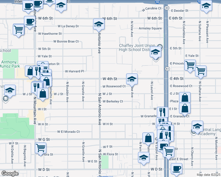 map of restaurants, bars, coffee shops, grocery stores, and more near 604 West Rosewood Court in Ontario