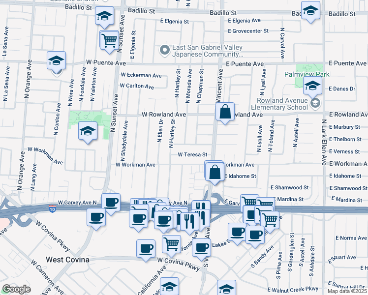 map of restaurants, bars, coffee shops, grocery stores, and more near 1101 West Greendale Street in West Covina