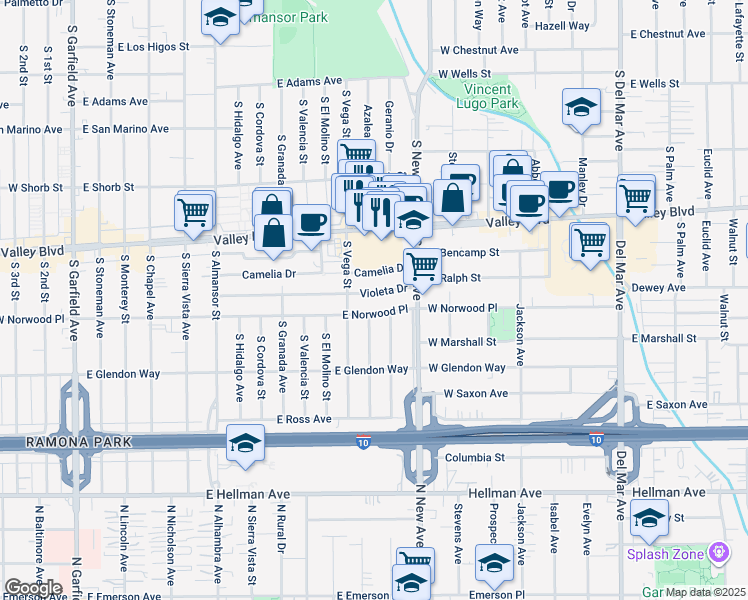 map of restaurants, bars, coffee shops, grocery stores, and more near 1300 Violeta Drive in Alhambra