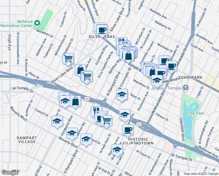 map of restaurants, bars, coffee shops, grocery stores, and more near 2600 Kent Street in Los Angeles