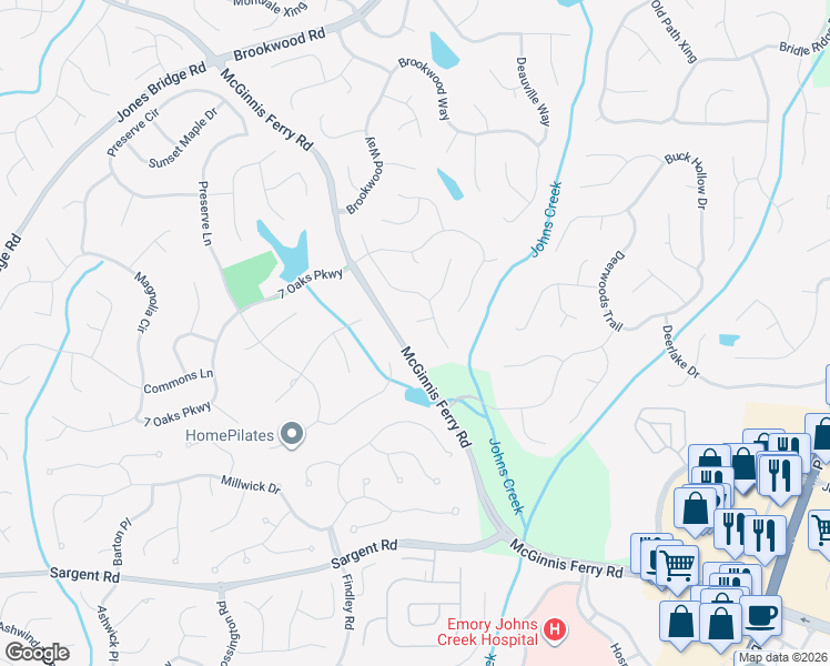 map of restaurants, bars, coffee shops, grocery stores, and more near 7310 Harlech Trace in Cumming