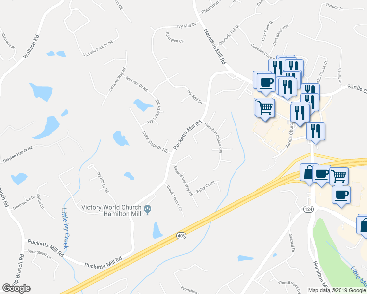 map of restaurants, bars, coffee shops, grocery stores, and more near 3185 Pucketts Mill Road in Buford