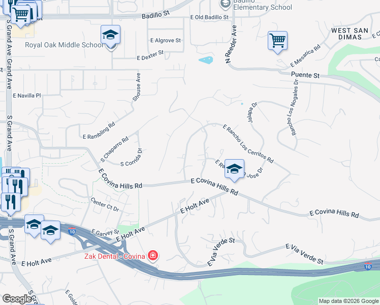 map of restaurants, bars, coffee shops, grocery stores, and more near 3331 Rancho Del Monico Road in Covina