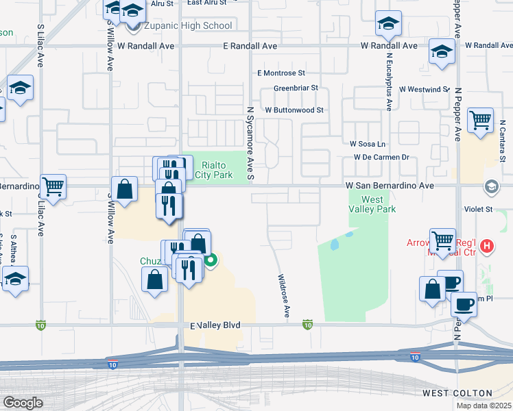 map of restaurants, bars, coffee shops, grocery stores, and more near 2105 Lavender Lane in Colton