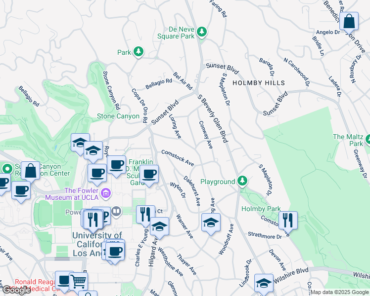 map of restaurants, bars, coffee shops, grocery stores, and more near 271 Loring Avenue in Los Angeles