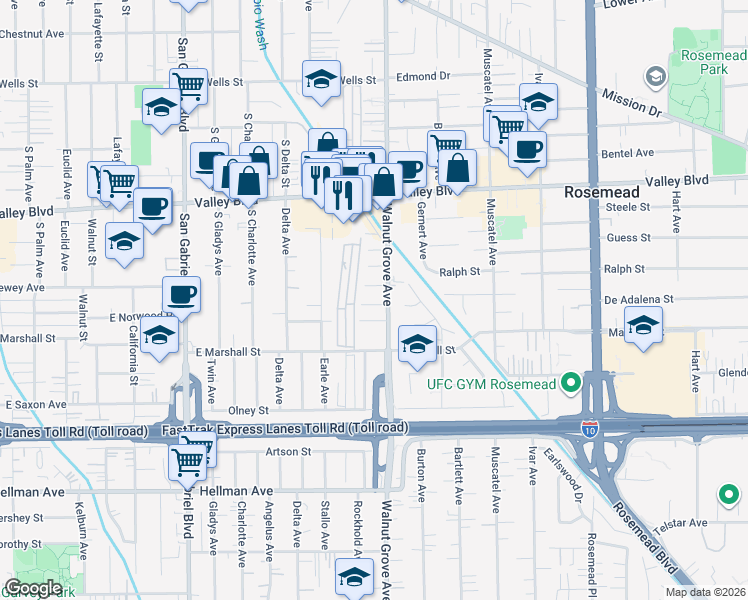 map of restaurants, bars, coffee shops, grocery stores, and more near Walnut Grove Avenue in Rosemead