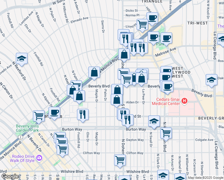 map of restaurants, bars, coffee shops, grocery stores, and more near 420 North Palm Drive in Beverly Hills
