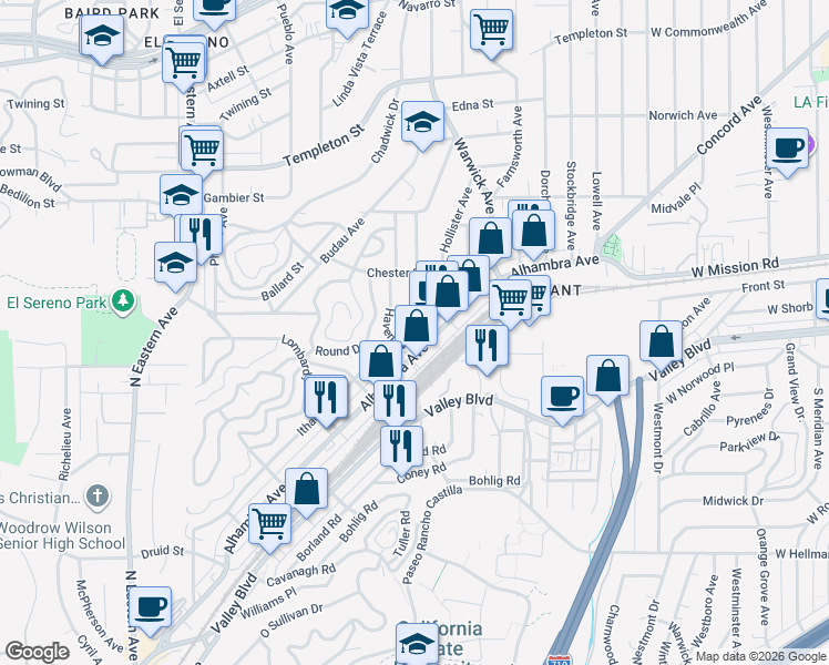 map of restaurants, bars, coffee shops, grocery stores, and more near 5360 Ithaca Avenue in Los Angeles