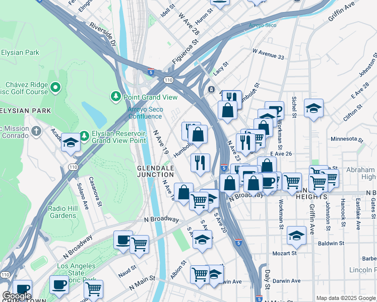 map of restaurants, bars, coffee shops, grocery stores, and more near 200 North San Fernando Road in Los Angeles