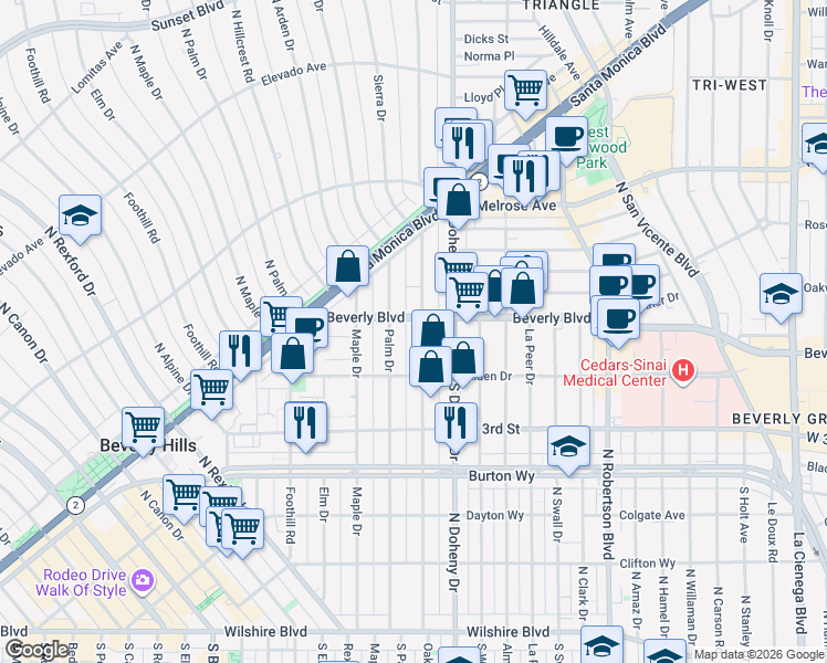 map of restaurants, bars, coffee shops, grocery stores, and more near 419 North Oakhurst Drive in Beverly Hills