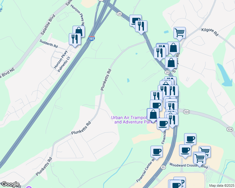 map of restaurants, bars, coffee shops, grocery stores, and more near 3570 Knoll Crest Trail in Buford